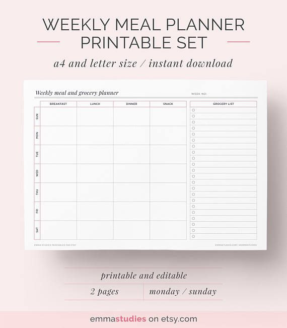 Dinner Planner Template Weekly Meal Planner Printable