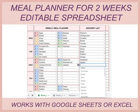 Google Sheets Meal Planner Template Digital Meal Planner Grocery List Meal Planner Excel Meal