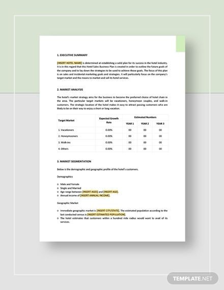 Hotel Business Plan Template Hotel Sales Business Plan Template Ad Ad Sales