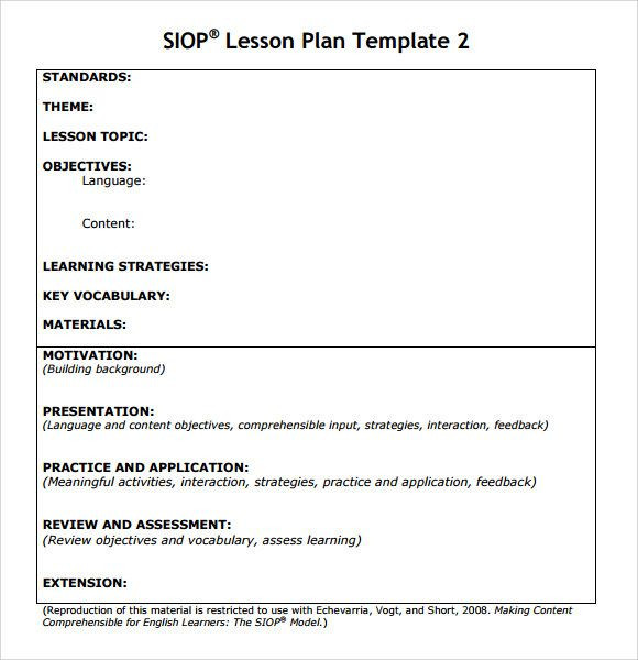 Lesson Plan Template for Adults Sample Siop Lesson Plan Template Download