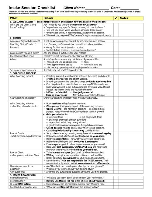 Life Coaching Session Plan Template Intake Session Template Checklist
