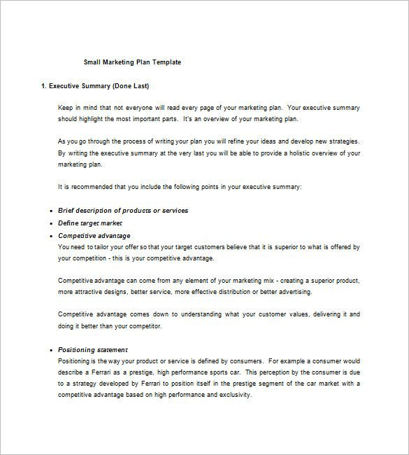 Marketing Plan Executive Summary Template Small Business Plan Template Free Download