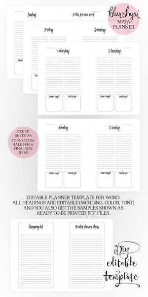 Microsoft Word Daily Planner Template A5 Printable Planner Editable Planner Template for Word