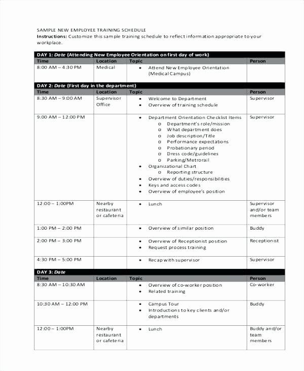 New Hire Training Plan Template Employee Training Schedule Template Lovely New Employee