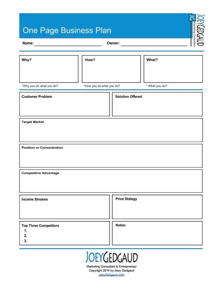 One Page Business Plan Template E Page Business Plan Exercise Joey Gedgaud