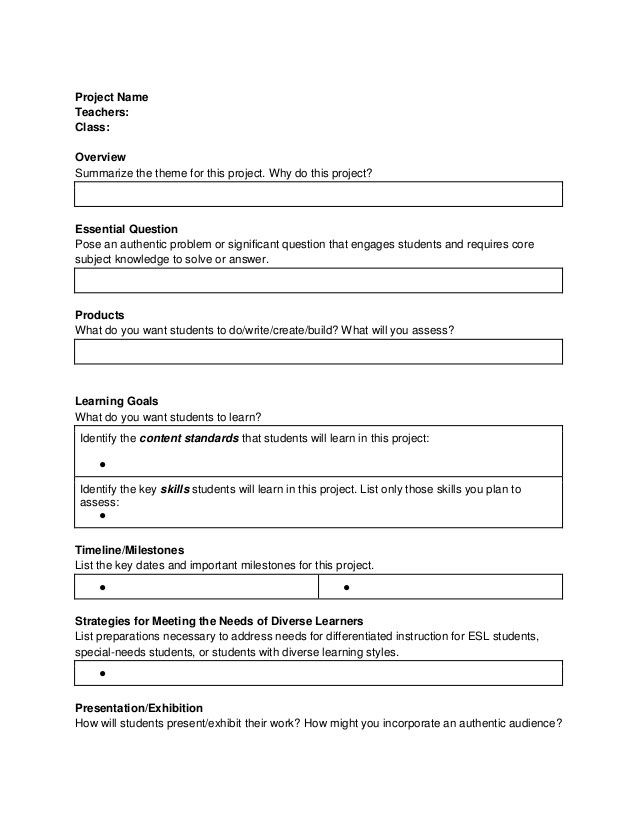 Project Based Learning Planning Template Pbl Planning Template