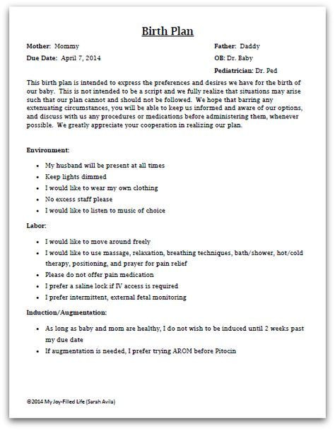 Sample Birth Plan Template Things to Consider when Writing A Birth Plan