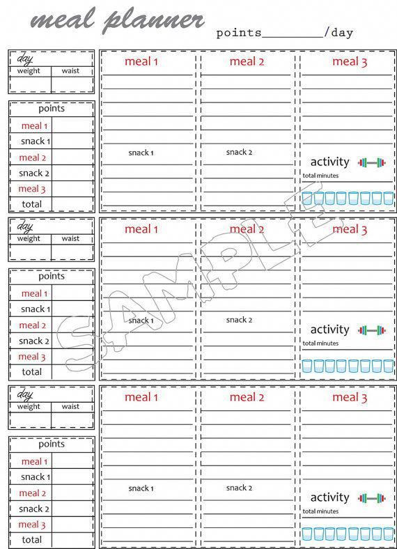 Weight Watchers Menu Planner Template Daily Meal Planner Printable Points Tracker Food Tracker