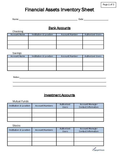 Will and Estate Planning Template Financial asset Inventory form Pdf Sheet for Personal