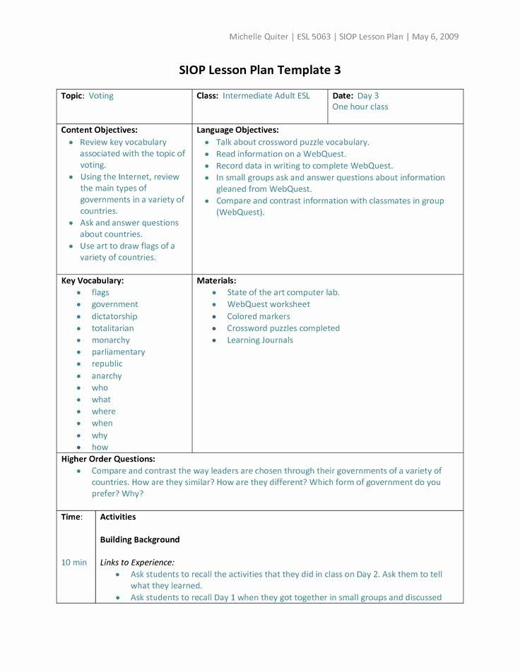 World Language Lesson Plan Template Siop Lesson Plan Template 2 Best Types Lesson Plan